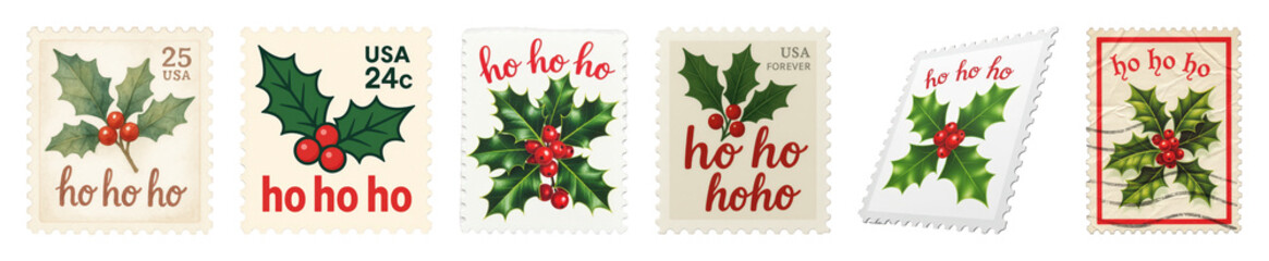 Christmas holly stamp set including various designs, lettering, and orientations isolated. Festive holiday season decoration elements.