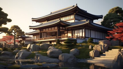Idyllic japanese residence nestled amidst tranquil water features and meticulously landscaped