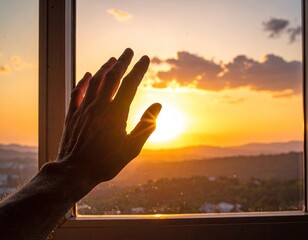 Hand reaching for sunset through window