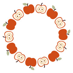 Autumn apple circle frame. Round border made of doodle hand drawn fall apples. The apples are arranged in a circle for stickers, banners, cards, ads. Vector flat isolated on white background.