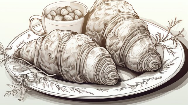 Two croissants on plate with beans