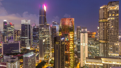 Aerial view of Chinatown and Downtown of Singapore day to night timelapse