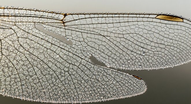 Stunning macro detail of translucent dragonfly wings adorned with shimmering morning dew, showcasing nature's delicate beauty.