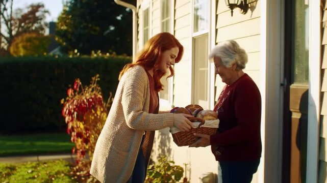 Friendly redhead woman shares a gift basket of food with a senior lady at her front door in a heartwarming neighborly gesture