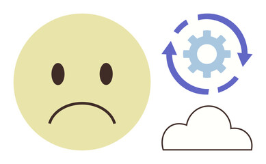 Sad face next to gear with recycling arrows and cloud outlines process, repetition, mood challenges, perseverance. Ideal for emotions, workflow, progress, sustainability, cloud technology