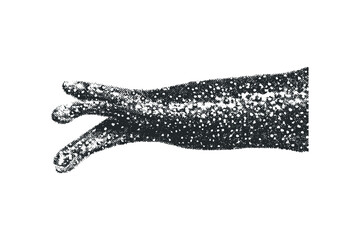 Grayscale hand with fingers extended, textured effect, on transparent background. Vector hand drawn illustration