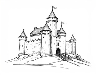 Obraz premium Black and white sketch of a medieval castle