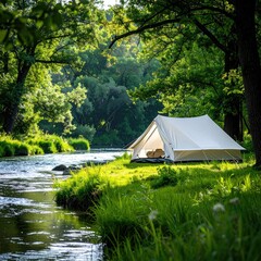 Tranquil campsite by a river. Lush green forest surrounds a white canvas tent by a flowing stream