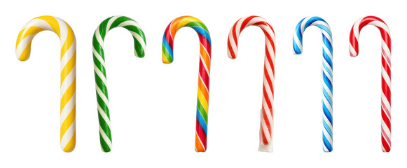 Candy cane set including classic red, green, blue, yellow, and rainbow striped variations isolated. Sweet holiday and festive treat collection.