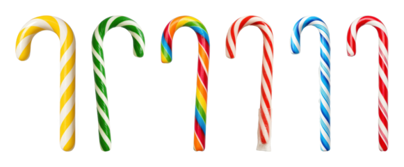 Candy cane set including classic red, green, blue, yellow, and rainbow striped variations isolated. Sweet holiday and festive treat collection.