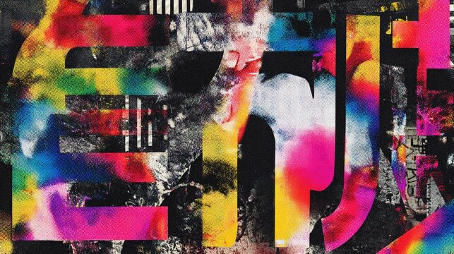 Vibrant and dynamic abstract composition featuring colorful spray paint textures blended with graffiti elements, perfect for urban art projects and modern design needs.