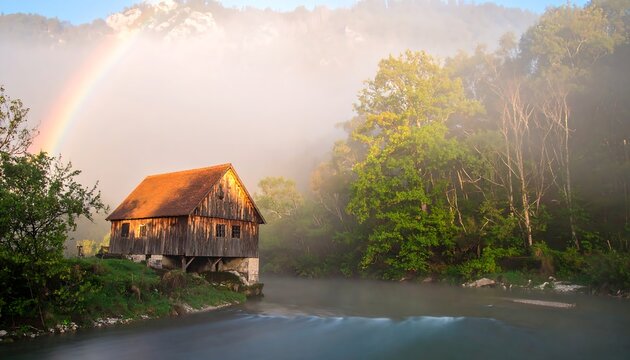 Misty morning with rainbow over a rustic wooden mill