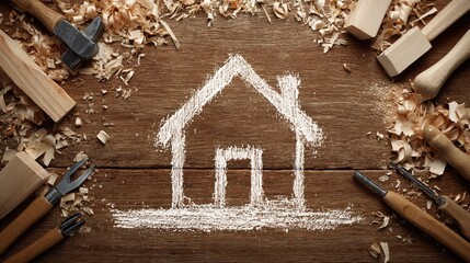 Chalk drawing of a house on a wood surface surrounded by carpentry tools.