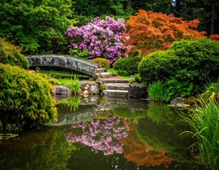 Serene Japanese-style garden with a small stone bridge over a pond reflecting vibrant foliage