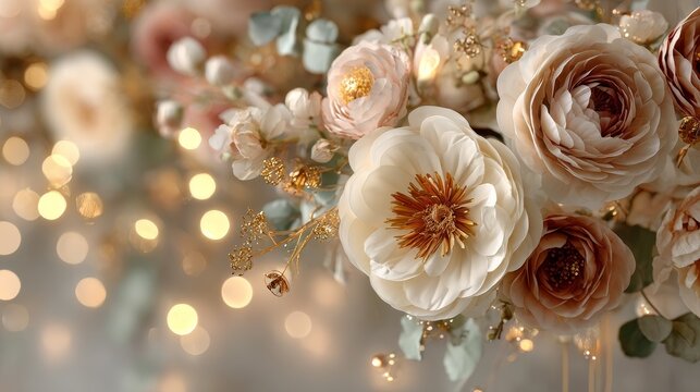 Elegant wedding background with soft pastel colors, gentle bokeh lights, floral arrangements of roses, peonies and greenery, with golden details for invitation design.