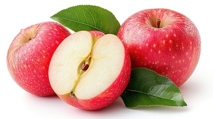 Fresh Red Apples with Green Leaves and Sliced Section on White Background