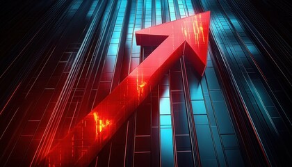Large red arrow pointing upward over a futuristic blue and black grid background symbolizing growth and progress