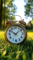 Vintage bronze alarm clock showing time in bright green grass field with blurred trees and sunlight in background