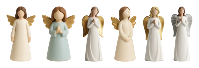 Angel figurines set including various poses, hair colors, and gold or silver wings isolated. Holiday, spiritual, and decorative items.