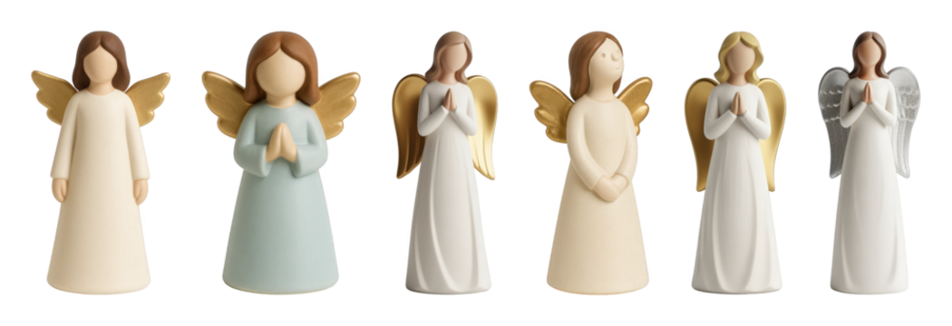 Angel figurines set including various poses, hair colors, and gold or silver wings isolated. Holiday, spiritual, and decorative items.