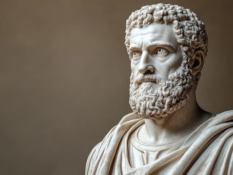detailed marble bust sculpture of a serious bearded man with curly hair wearing classical draped clothing against a plain background