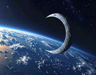 Crescent moon orbits Earth, a detailed view of space. Vast expanse of space. Earth's atmosphere, clouds, and oceans below. A gibbous crescent moon, gray and textured, hovers in orbit above