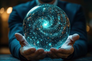 Person holding a glowing transparent sphere with swirling galaxy and bright blue lights inside, evoking wonder and cosmic mystery