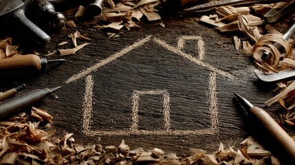 House drawing on a dark wooden workbench with carpentry tools.