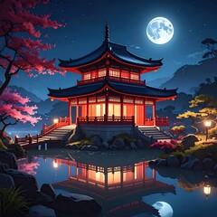 Asian temple at night, reflecting in water