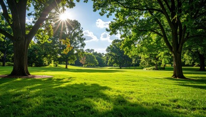 Sunny parkland scene with lush green grass, mature trees, and a bright sun