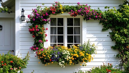 Naklejka premium Colorful floral wreath adorns a white house window