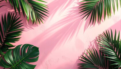 Tropical leaves casting shadows on a pastel pink background