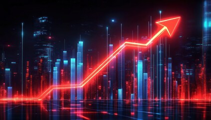Bright red upward arrow over glowing blue and red futuristic cityscape with rising bar charts illustrating growth and progress in a digital night environment