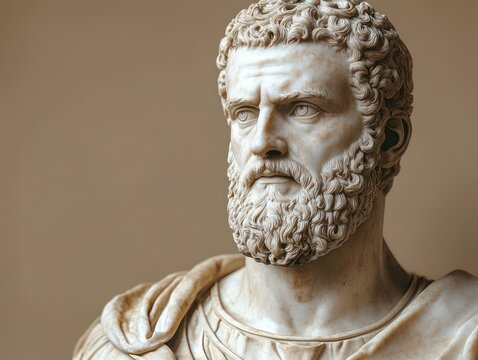Close-up of a classical marble bust of a bearded man with curly hair expressing a serious and determined emotion