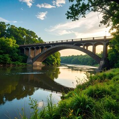 Fototapeta premium A serene river scene featuring a concrete arch bridge. Sunlight bathes the tranquil water, reflecting the bridge and lush greenery