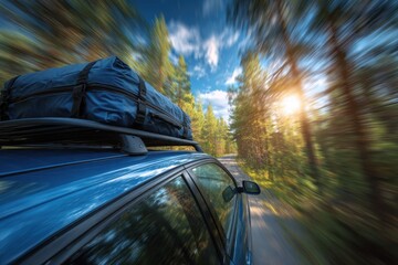 Car in Motion on Scenic Road with Luggage on Roof and Blurred Background of Nature