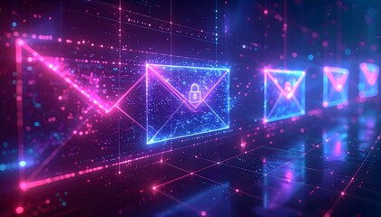 Glowing holographic email envelope icons with cybersecurity lock symbol