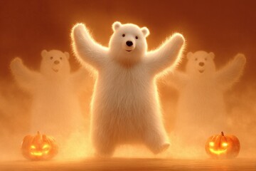 Polar Bear Dabbing in a Ghostly White Cloak with Glowing Effect