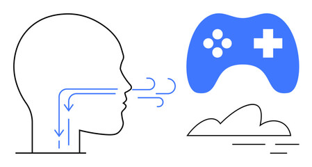 Minimal design showing airflow inside a human profile, a gaming controller, and a calming cloud. Ideal for wellness, breathing exercises, relaxation, gaming therapy, mindfulness, mental health
