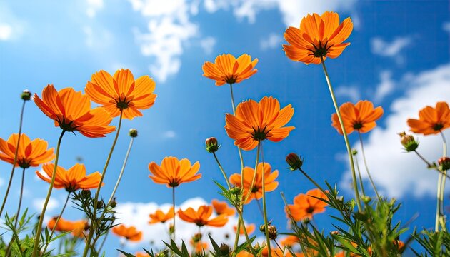 Bright orange cosmos flowers bloom against a vibrant blue sky dotted with fluffy white clouds.  Low angle shot emphasizes the flowers' upward reach - Powered by Adobe