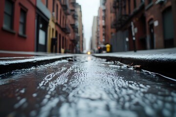 A close up of a street with gutters overflowing rainwater swirling around street debris Focus on the flowing water 