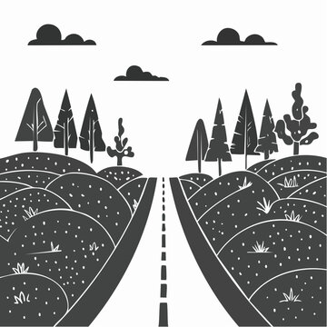 Road. Amusing beautiful forest landscape. Set parallax effect. Trail Cartoon style. path through hills with grass. Cool romantic beauty. Flat design illustration. Vector
