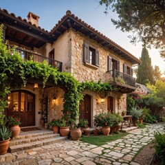 Stone villa with covered entryway and lush greenery