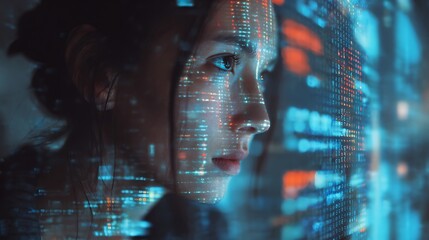 Close up profile of a woman s face illuminated by glowing futuristic digital data streams and abstract blue and orange light patterns