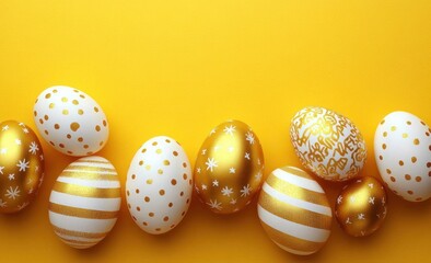 Fototapeta premium Row of white and gold decorated Easter eggs with various patterns on bright yellow background conveying festive and cheerful mood