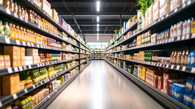 Perspective view of supermarket interior featuring fully stocked shelves with diverse food products and groceries showcasing retail environment