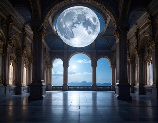 Grand hall, moonlit, ornate columns, arched windows.  Vast interior with majestic columns, arched windows, and a large moon visible in the center of the ceiling. 