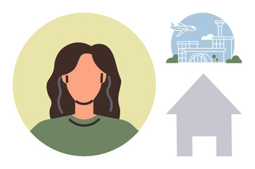 Woman wearing headset inside a circle, airport building with airplane overhead, and house silhouette. Ideal for remote work, travel, customer service, global connection, technology, mobility