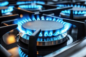Close-up of a gas stove burner with a blue flame burning evenly on a modern stovetop