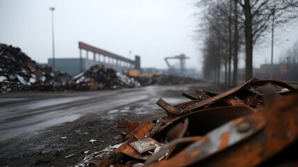 Rusting decay at a metal scrap yard under a muted sky and quiet scenery around waste management